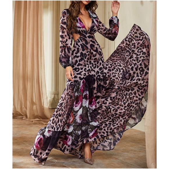 Boho Leopard Print Floral Cut out Puff Sleeve Ruffle Maxi Dress - Picture 3 of 4